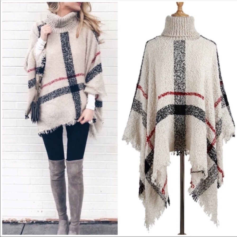 #41 New ! Plaid turtleneck poncho knit sweater - Picture 2 of 4